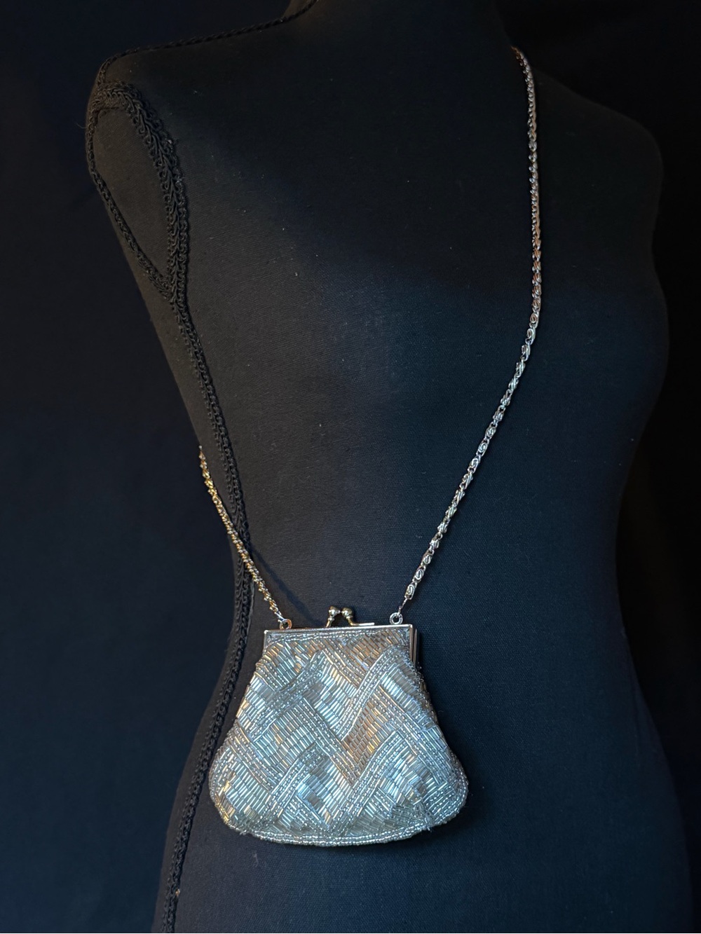 Vintage Jessica McClintock Silver Beaded Satin Evening Bag Crossbody